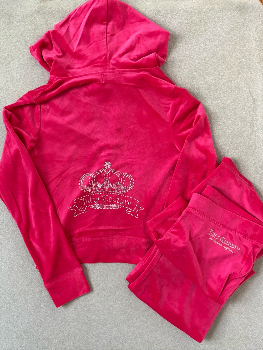 Juicy Couture Velour Tracksuit Set Rhinestone Crown Vixen Pink Hoodie Pants XL